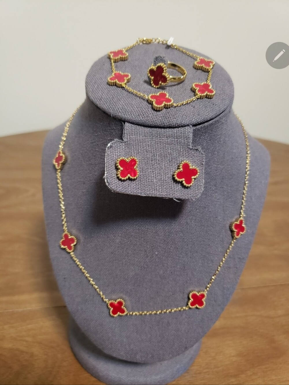 Gold-Tone Clover Necklace Set with Red Enamel Accents